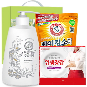 친환경 아름다운주방세제500펌프 베이킹소다500리필 정사각위생장갑 3종