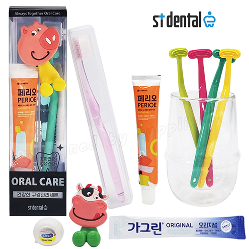 오랄케어 큐빅 크리스탈칫솔+캡+페리오치약+ST혀클리너+
