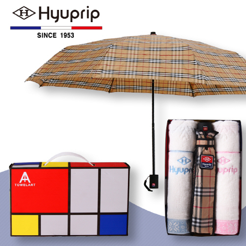 협립 3단 선염체크수동우산 1P+눈꽃타월 150g 2P